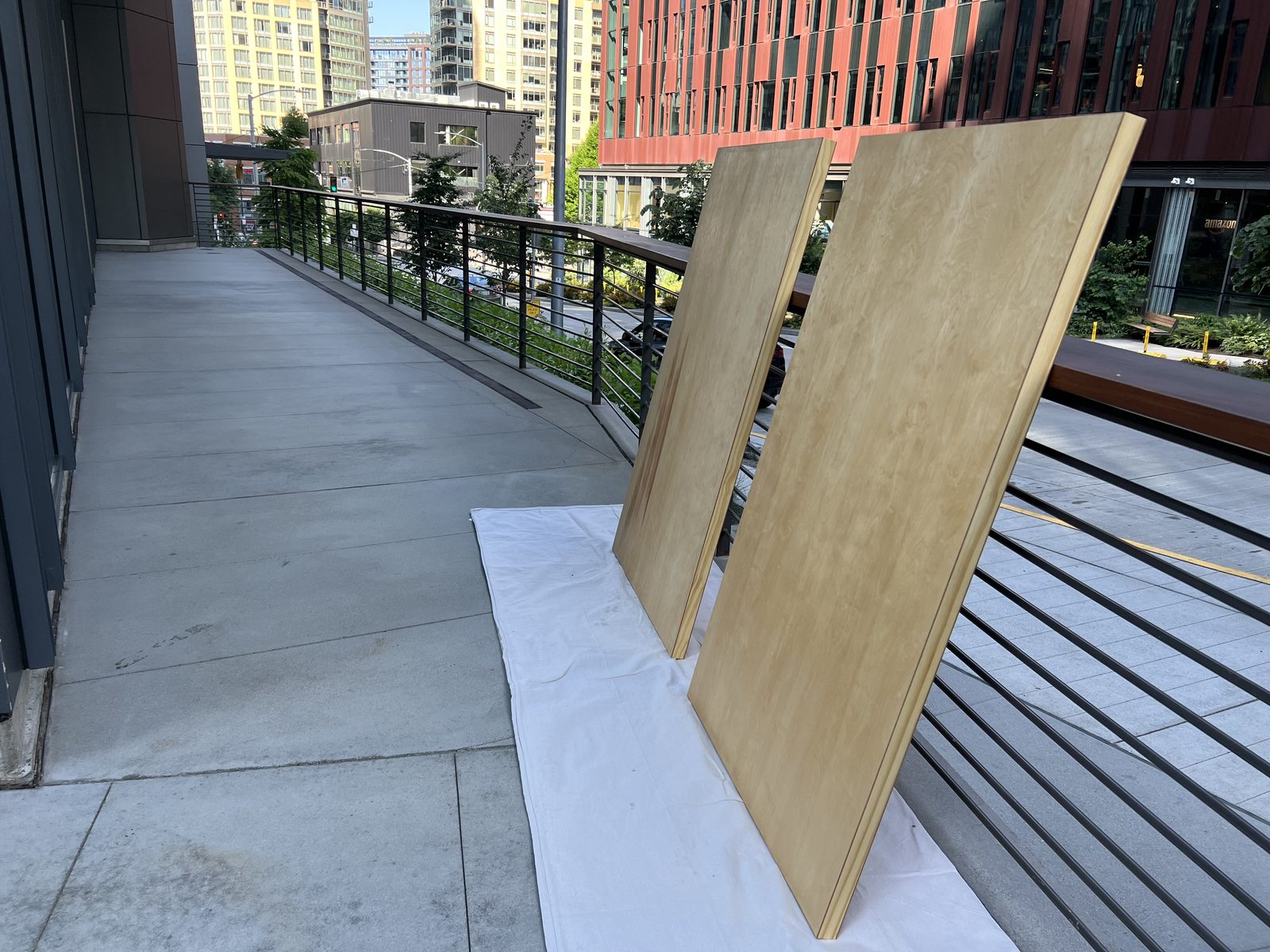 Three completed solid-core door platforms on casters in the studio