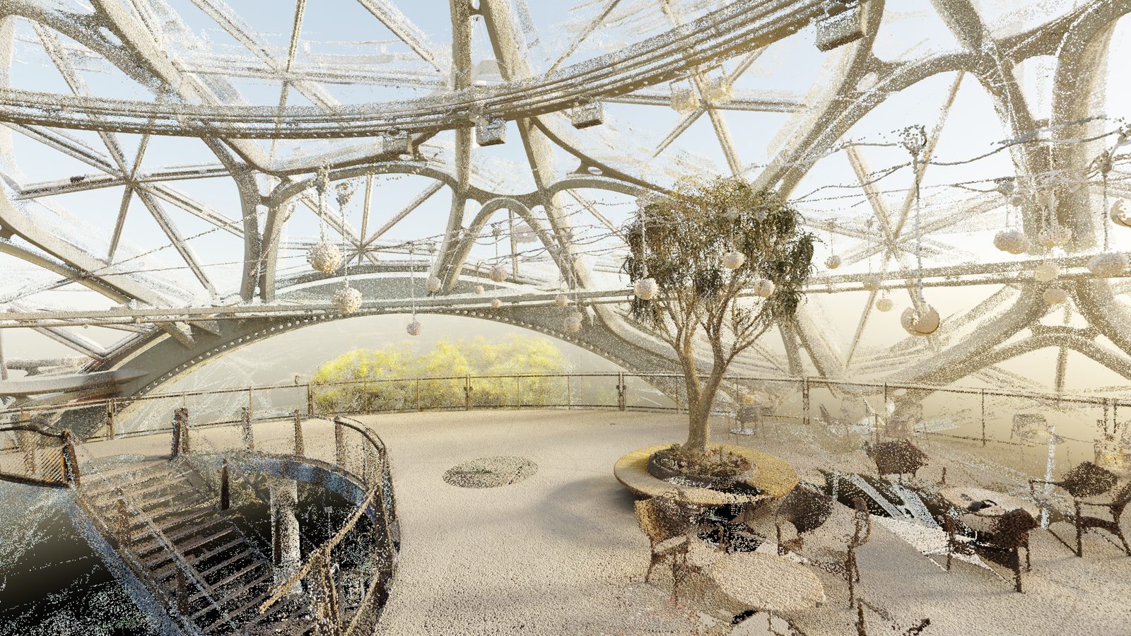 Close render of the Spheres' living green wall — vines pressed against geodesic frame