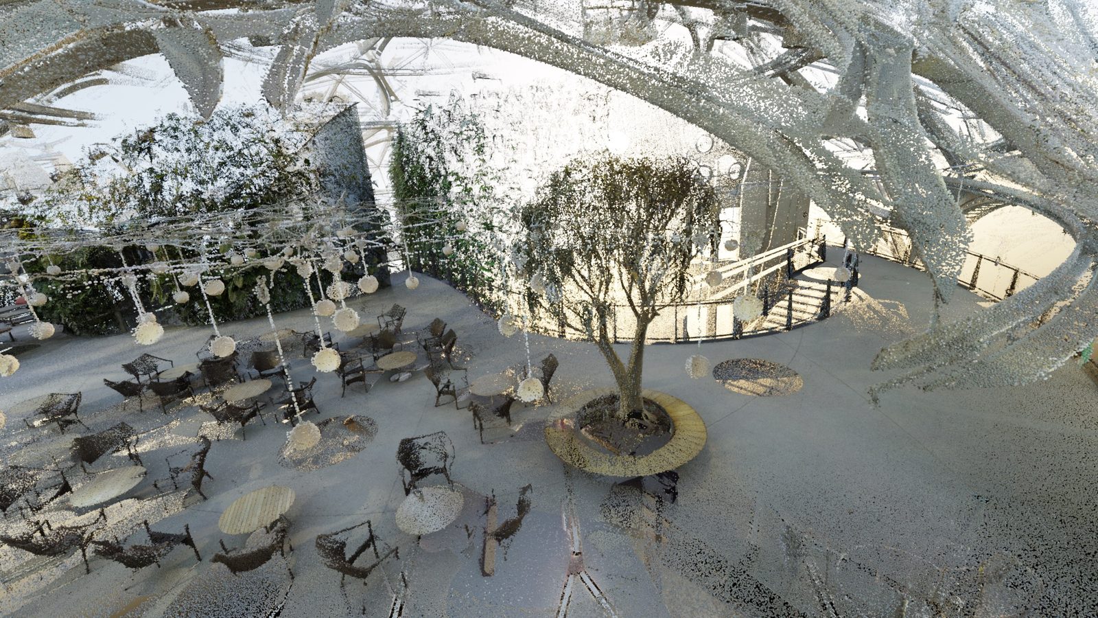 Interior render — railings and floor pattern dissolved into points