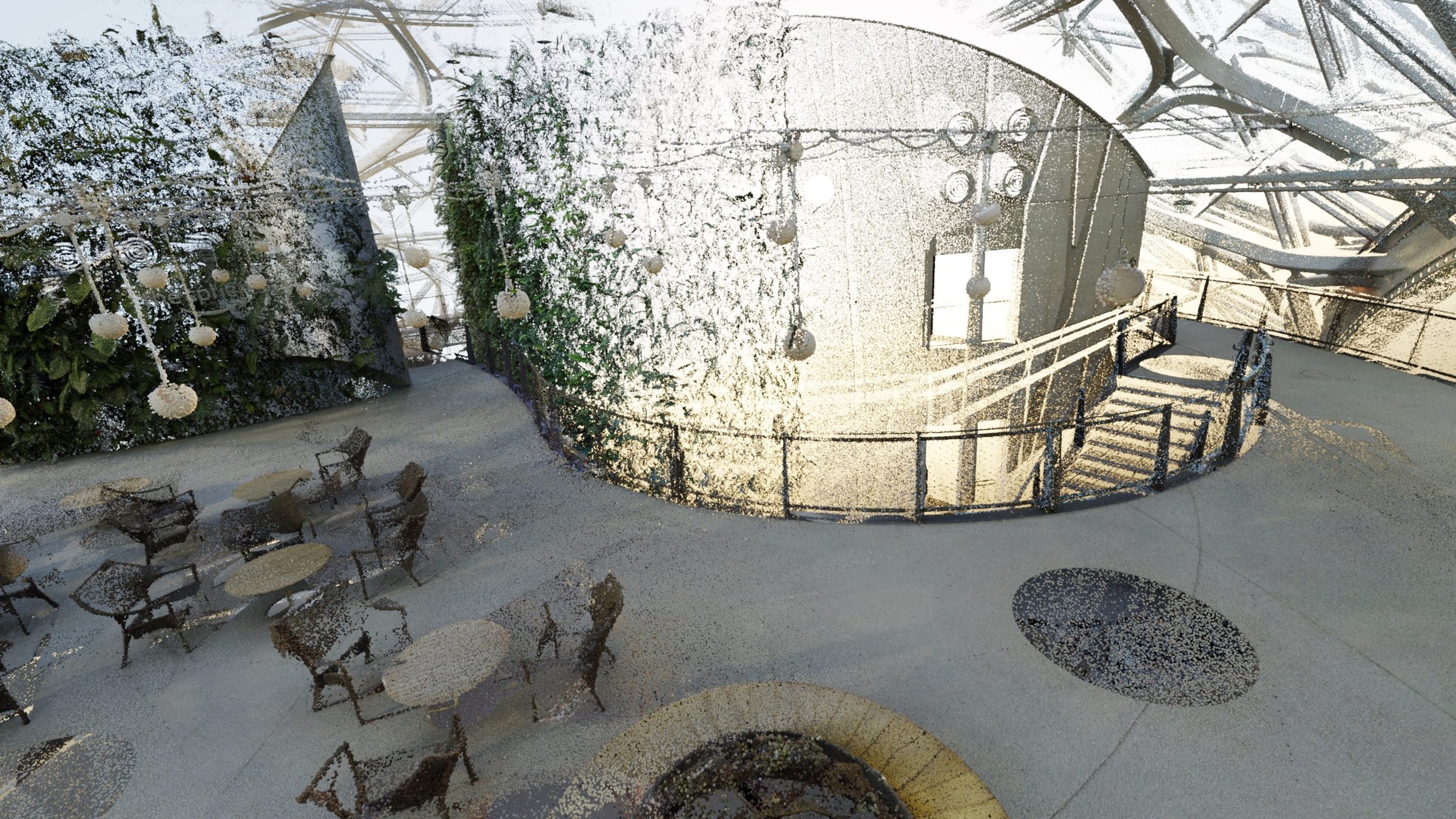 Pointillist render of the Amazon Spheres interior, reconstructed from a 300-million-point LIDAR scan