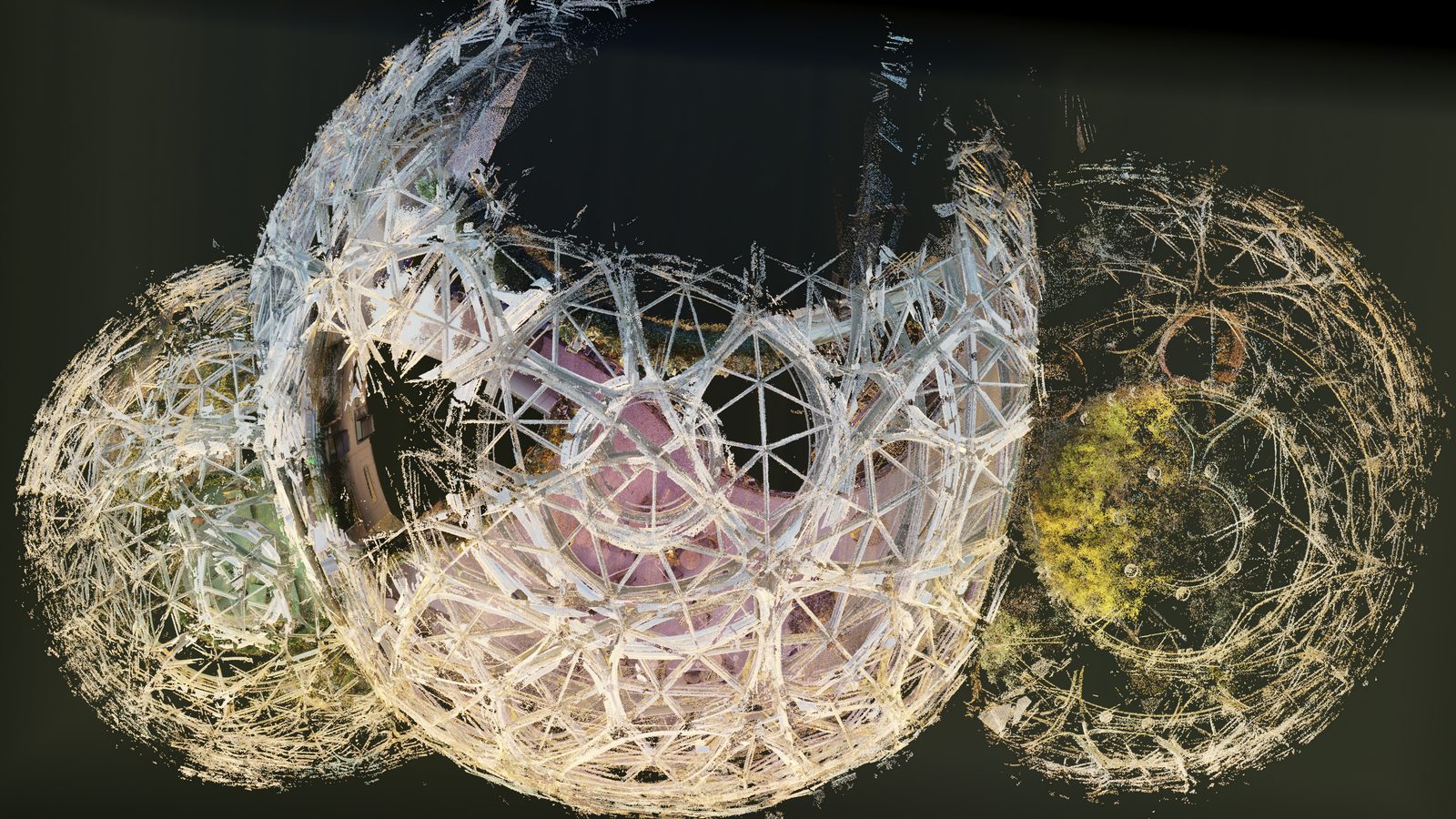 Top-down magenta-toned render of the Amazon Spheres — three domes from directly above