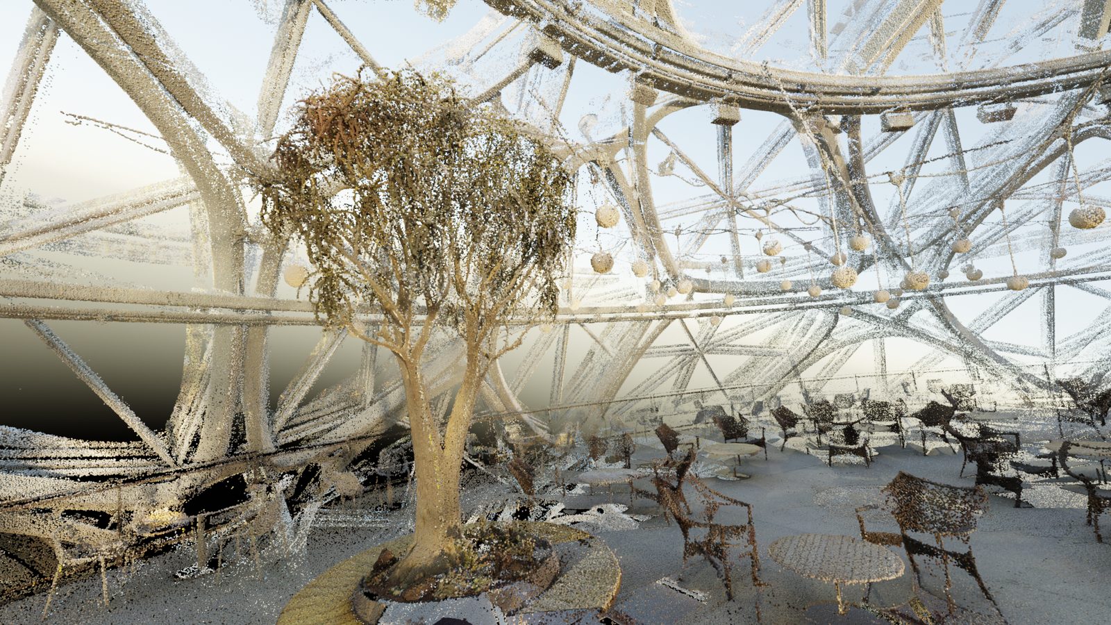 Wide overhead point cloud render of the Spheres interior