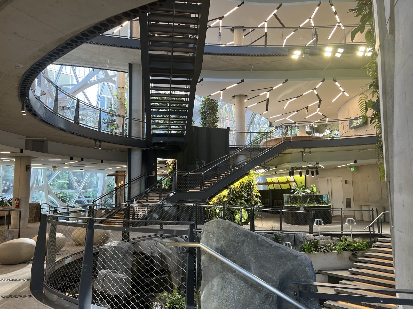 The interior of the Amazon Spheres — spiral staircase, living wall, geodesic glass dome